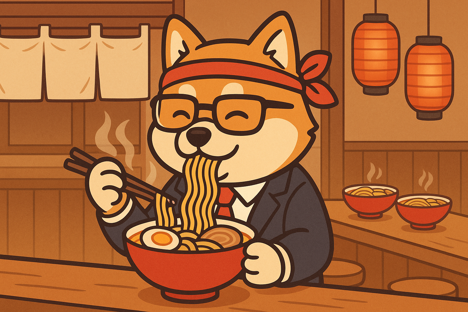 Shiba-inu business man enjoys a bowl of ramen